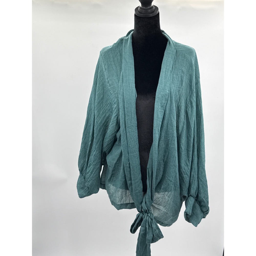 Jupee Teal Green Textured Gauze Tie Front Cardigan Top XL Made in USA Boho